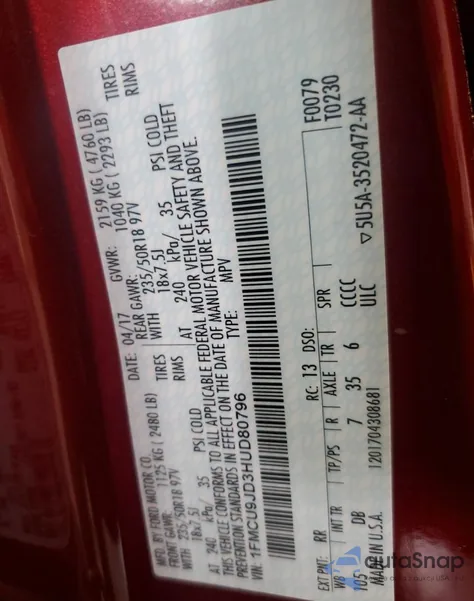 2017 Ford Escape Titanium из США, поврежденный, VIN 1FMCU9JD3HUD80796